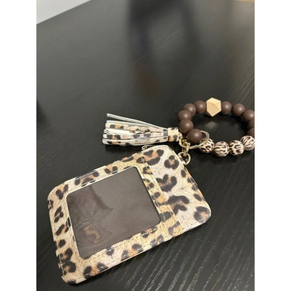 Leopard Print Card Holder Keychain Wristlet Tassel Zipper Pouch ID Holder